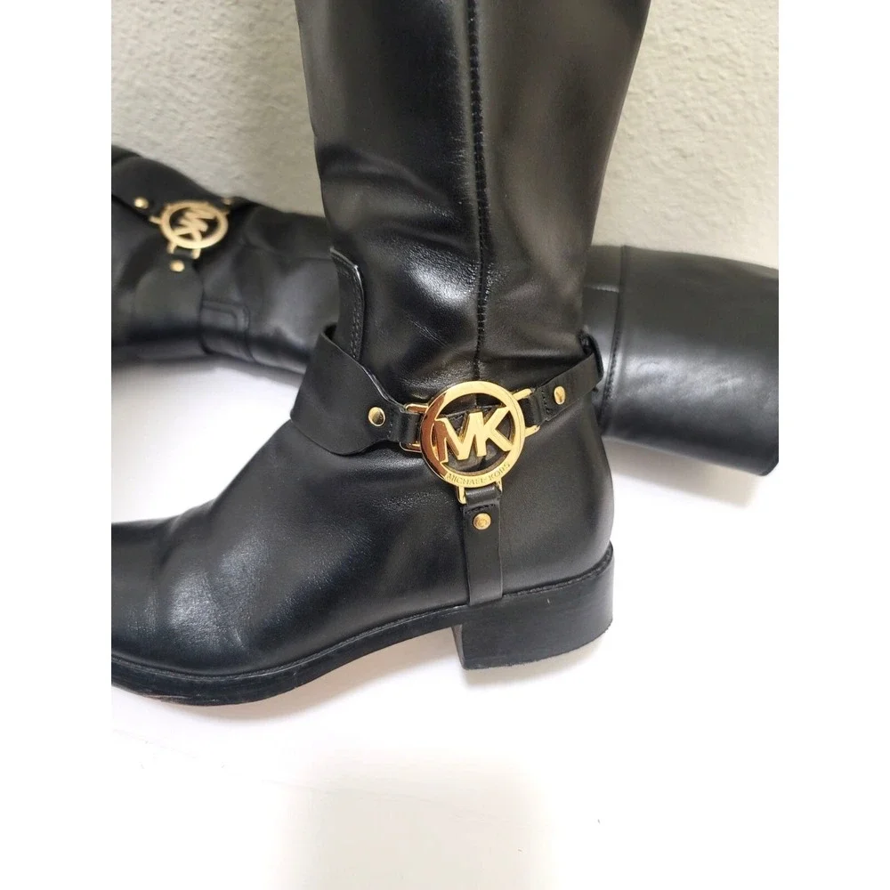 Michael Kors Womens Black Leather Knee-High Riding Boots With Gold MK Logo & Sid